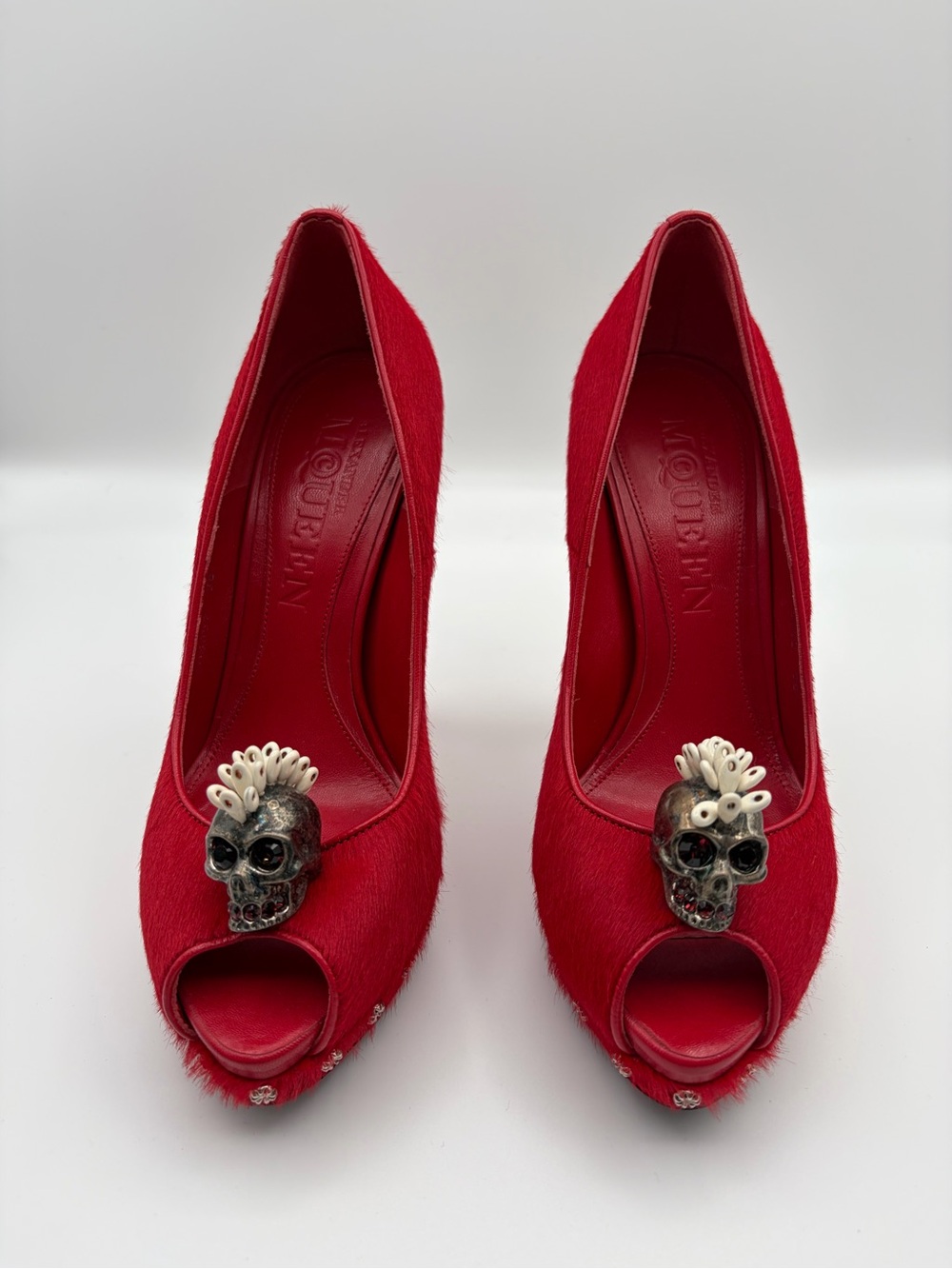 Alexander McQueen Red Calf Hair Skull Peep Toe Platform Pumps Size 36